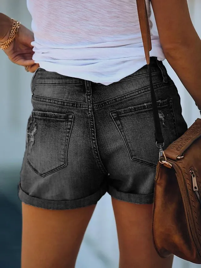 Women's Jeans Shorts Denim Blue Dark Blue Black Mid Waist Fashion Office Casual Baggy Micro-elastic Short Comfort Plain S M L XL XXL