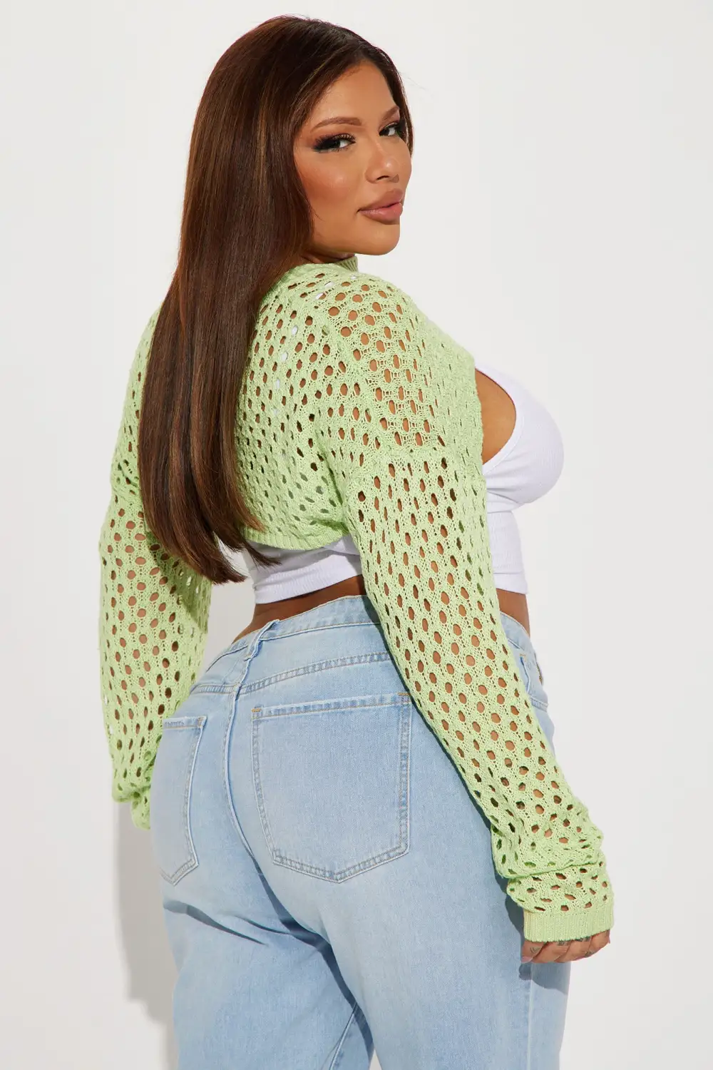 Got It My Way Cropped Crochet Sweater - Green