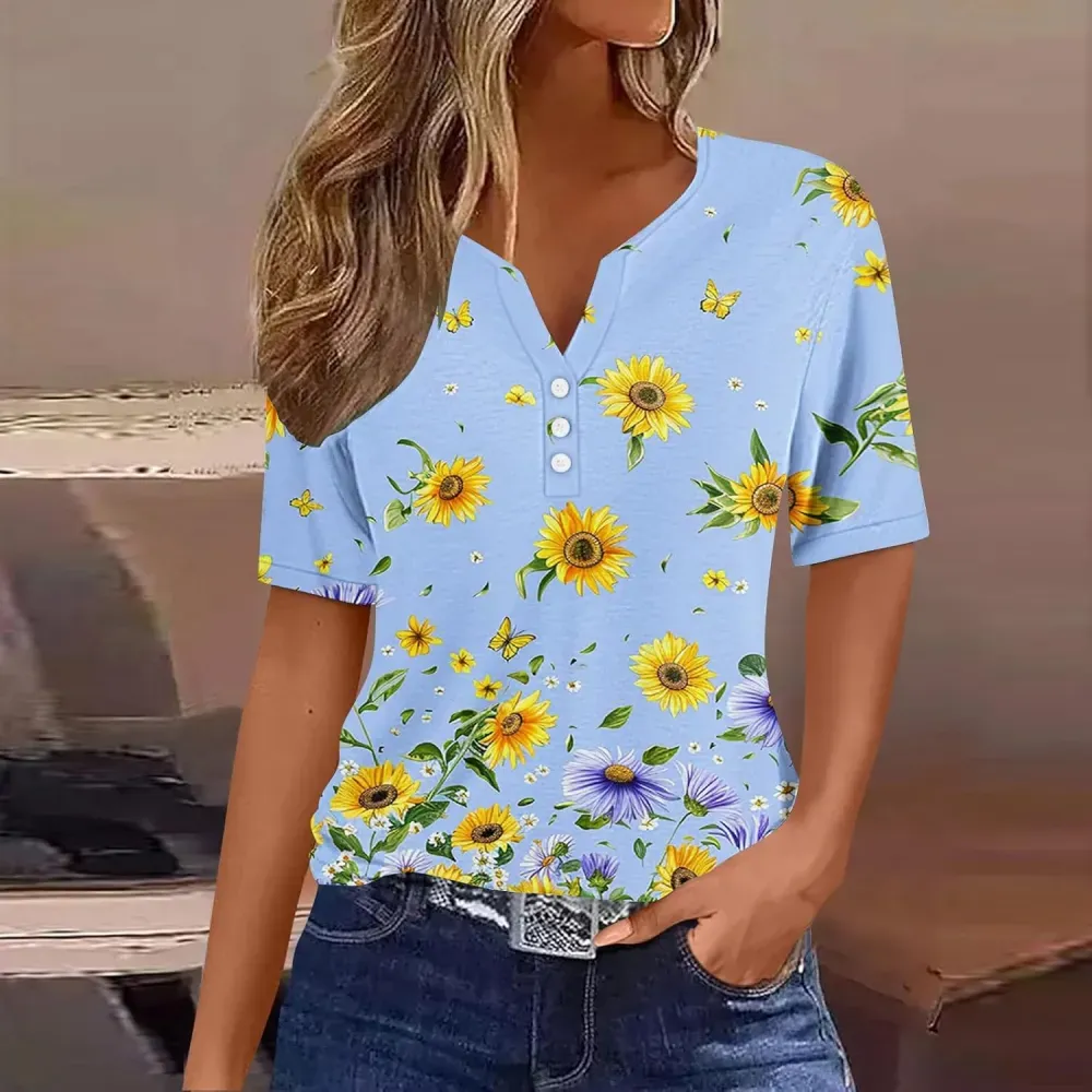 Shirts for Women Casual Printed Summer Tops Short-Sleeved Button V-Neck Tops Blouse Fashion Boho T-Shirts