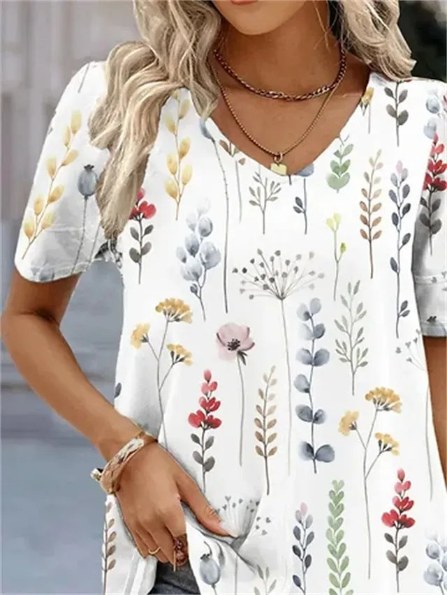 Women's T shirt Tee White Light Green Pink Floral Print Short Sleeve Holiday Weekend Basic V Neck Regular Floral Painting S