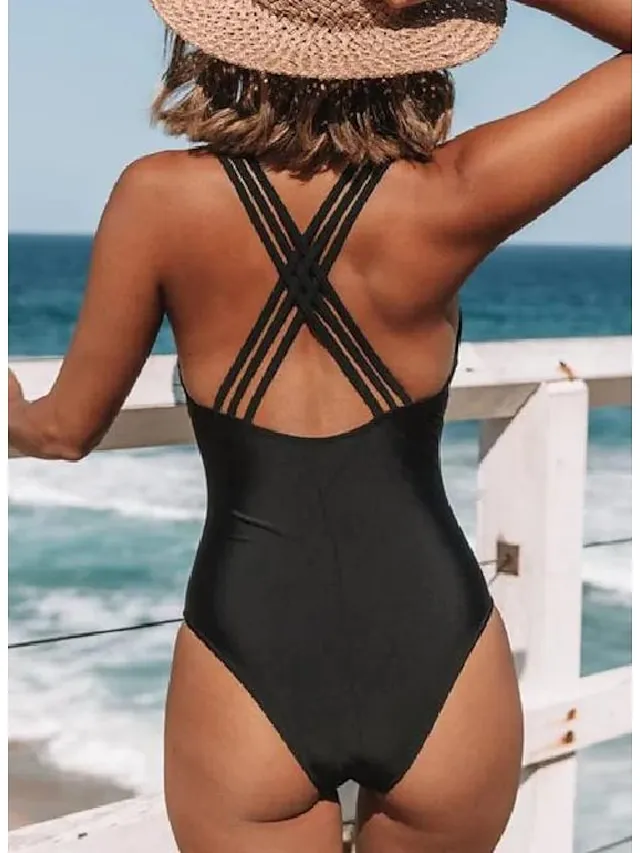 Women's Swimwear One Piece Monokini Normal Swimsuit Halter Printing Leopard Black Bodysuit Bathing Suits Sports Beach Wear Summer