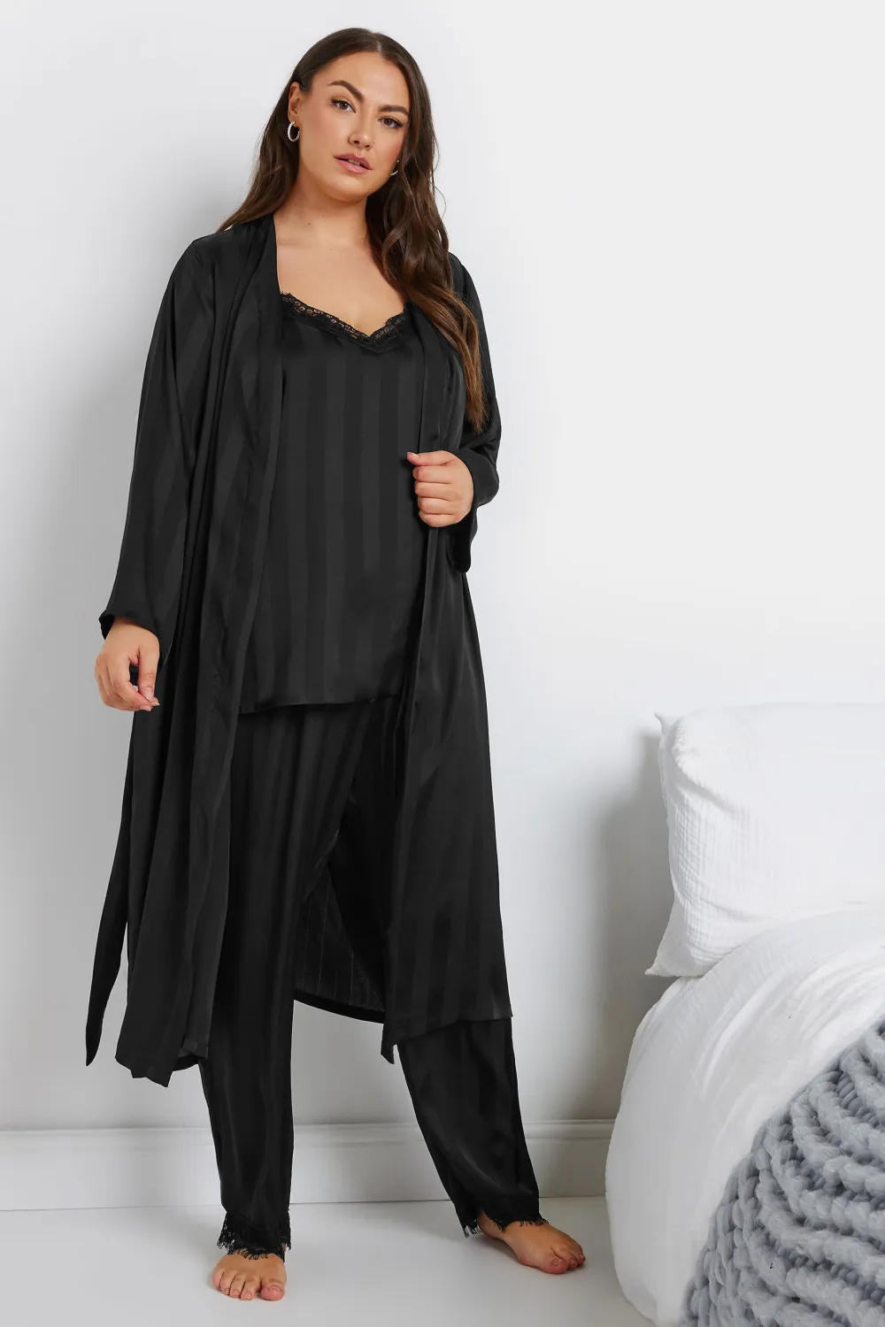 YOURS Curve Black Stripe Satin Pyjama Set
