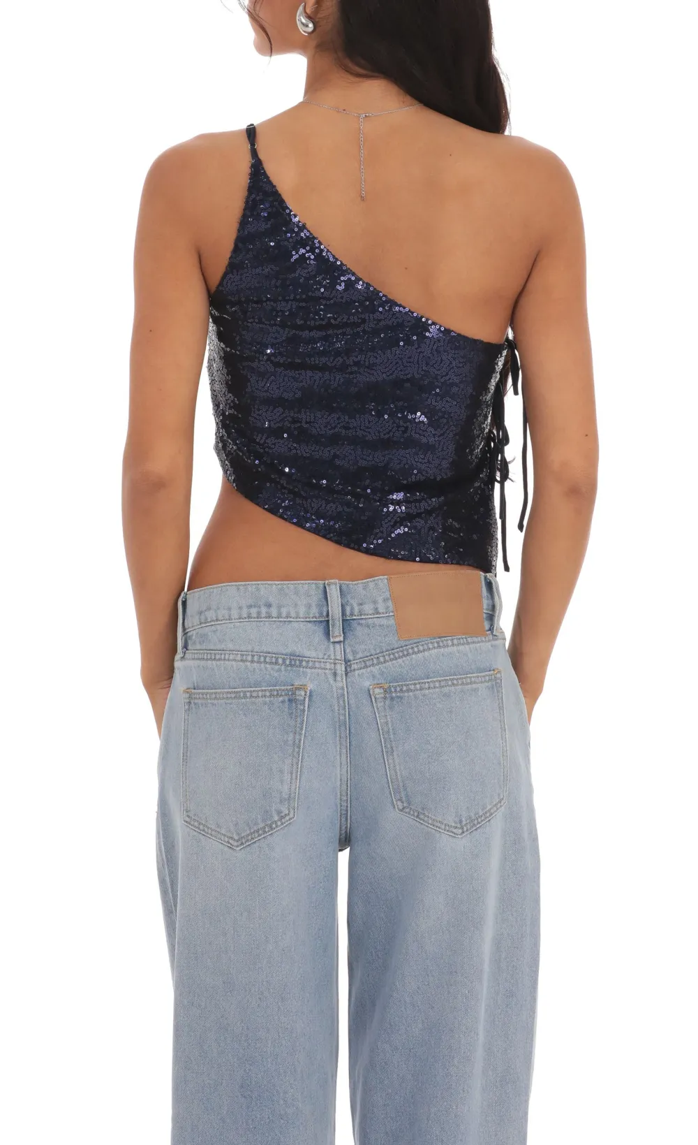 Sequin One Shoulder Tie Top in Navy