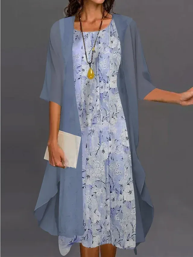 Round Neck Loose Casual Floral Print Loose Casual Suit Midi Dress