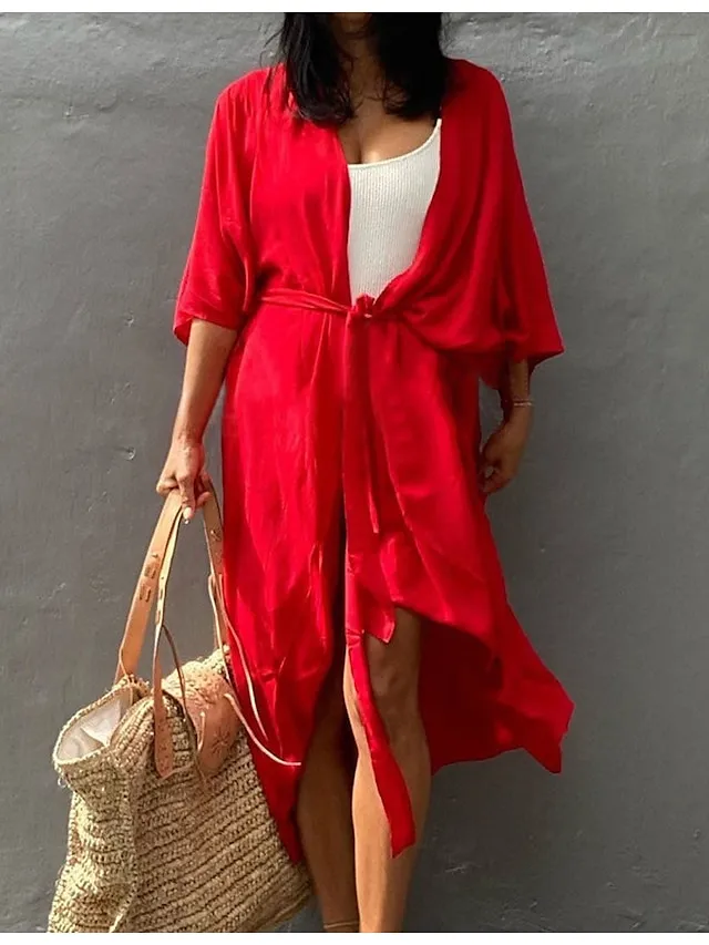 Women's Swimwear Cover Up Beach Top Normal Swimsuit Lace up Pleated UV Protection Pure Color Black White Red Royal Blue Beige V Wire Bathing Suits New Vacation Holiday