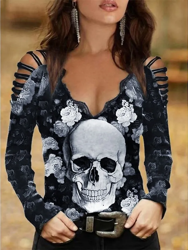 Women's Going Out Tops Burgundy Tee Halloween Shirt Blouse Black Wine Blue Floral Skull Cut Out Print Long Sleeve Halloween Casual Weekend Basic Off Shoulder V Neck Regular Fit Floral Painting Cold