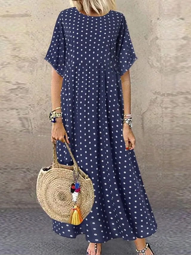 Women's Casual Dress Swing Dress Polka Dot Dress Long Dress Maxi Dress Green Blue Yellow Short Sleeve Polka Dot Print Spring Summer Crew Neck Basic Daily Weekend Loose Fit 2023 L XL XXL 3XL 4XL 5XL