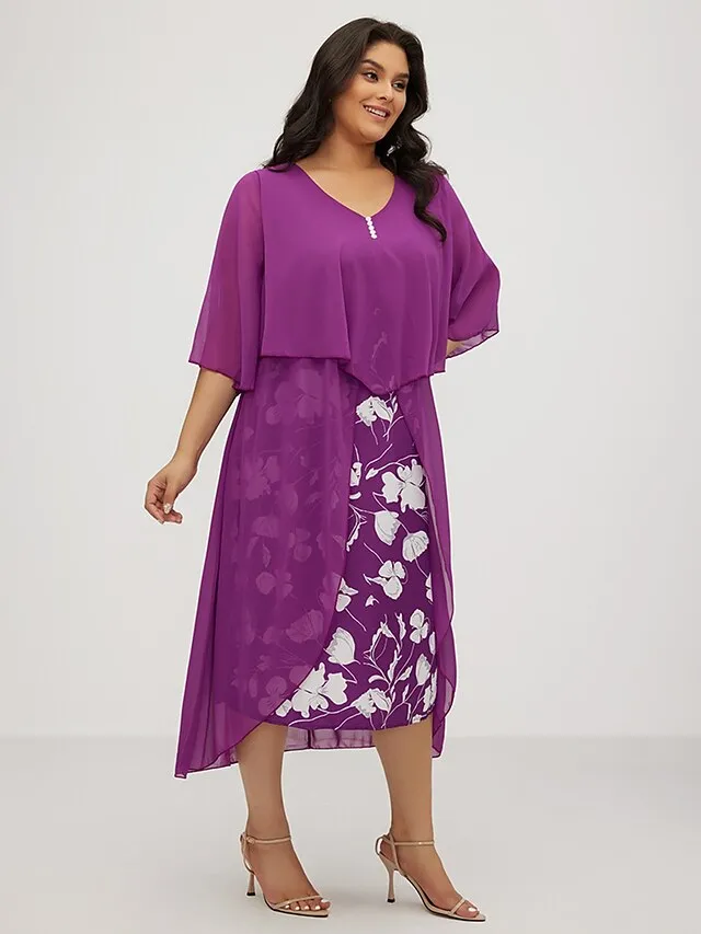 Women‘s Plus Size Curve Work Dress Floral V Neck Ruched 3/4 Length Sleeve Spring Summer Work Elegant Midi Dress  Layered Formal Vacation Dress Wedding Guest Dress