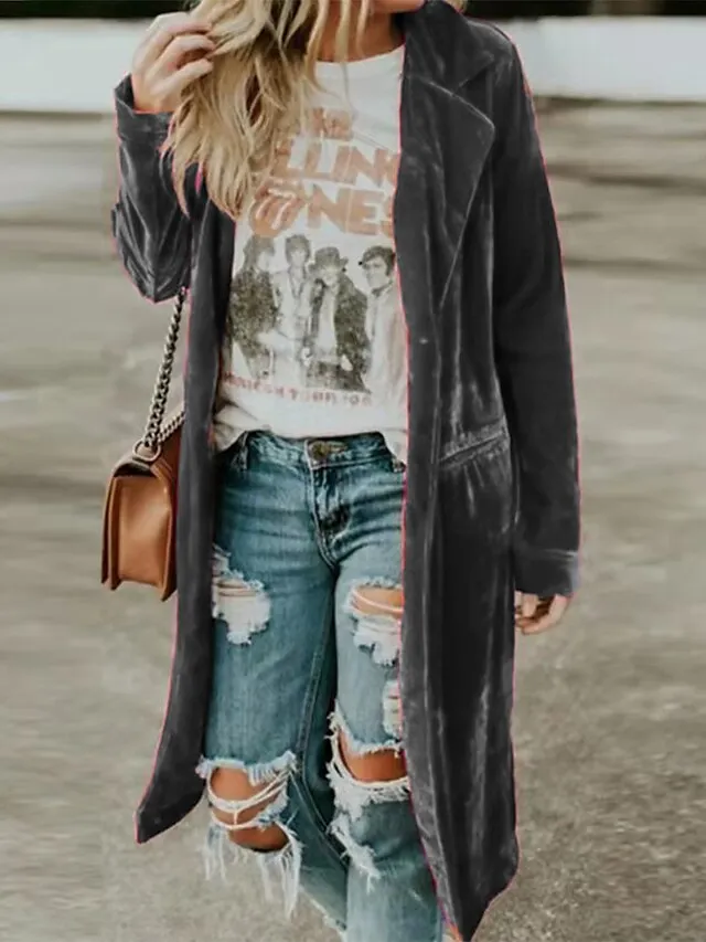 Women's Coat Velvet Casual Jacket Holiday Christmas Valentine's Day Fall Long Coat Windproof Jacket Long Sleeve Solid Color Pocket Black Yellow Grey
