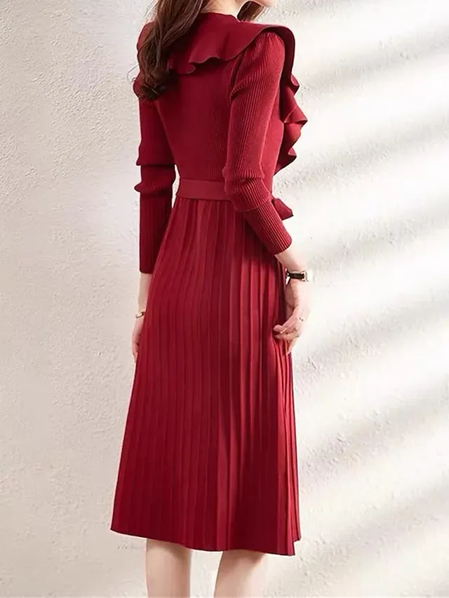 Women's Red Christmas Dress Christmas Dress Sweater Dress Midi Dress Knitwear Fashion Daily Pure Color Outdoor Christmas Daily Going out V Neck Long Sleeve Tie Front Lace up Ruched 2023 Loose Fit