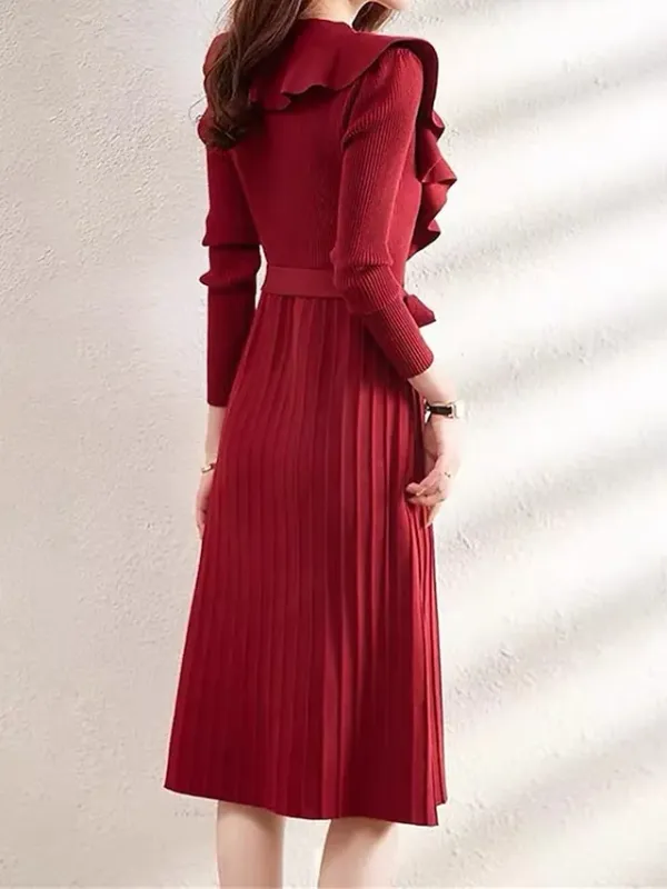 Women's Red Christmas Dress Christmas Dress Sweater Dress Midi Dress Knitwear Fashion Daily Pure Color Outdoor Christmas Daily Going out V Neck Long Sleeve Tie Front Lace up Ruched 2023 Loose Fit