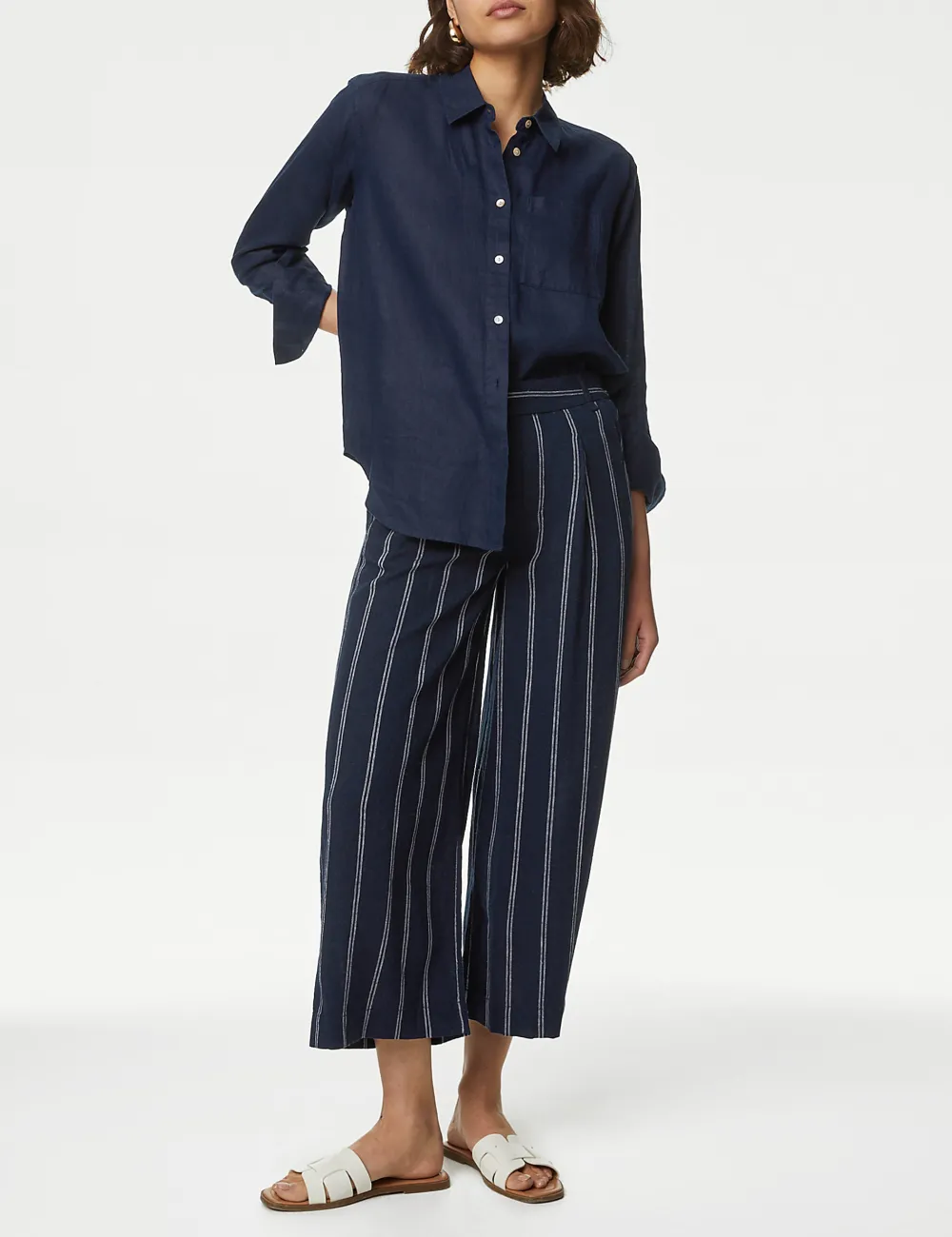Linen Striped Wide Leg Trousers