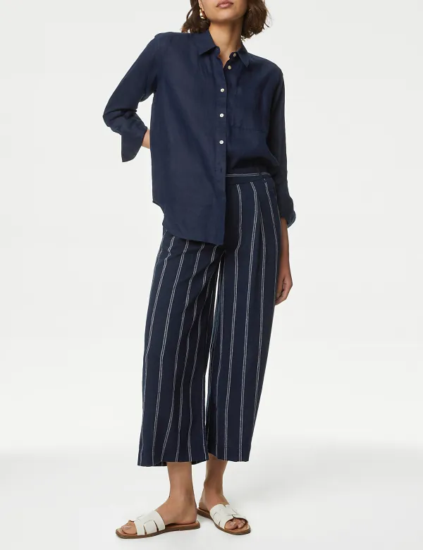 Linen Striped Wide Leg Trousers