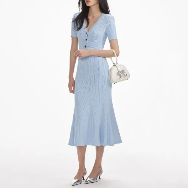 Blue Pointelle Knit Midi Dress