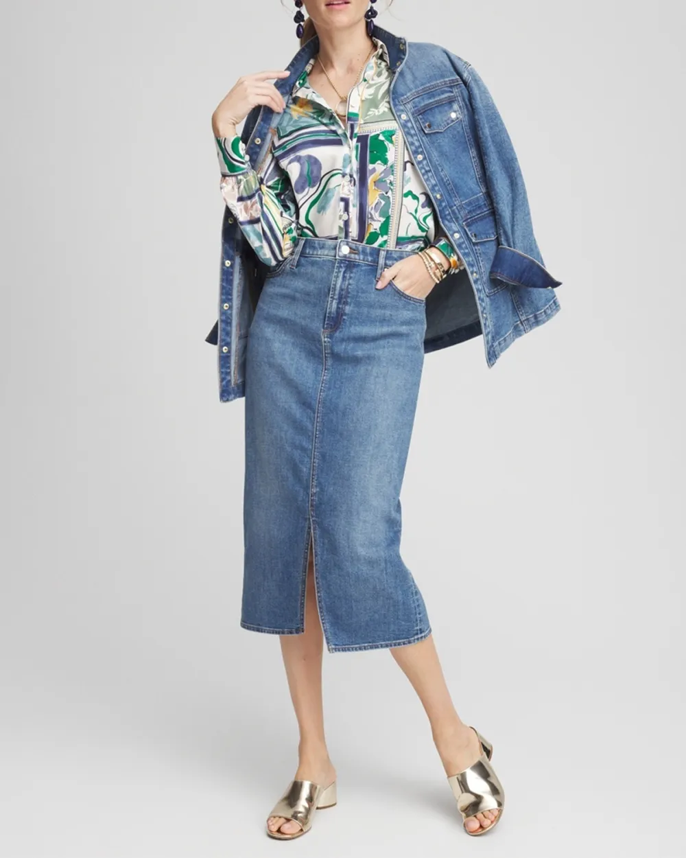 High-Rise Midi Stretch Denim Skirt