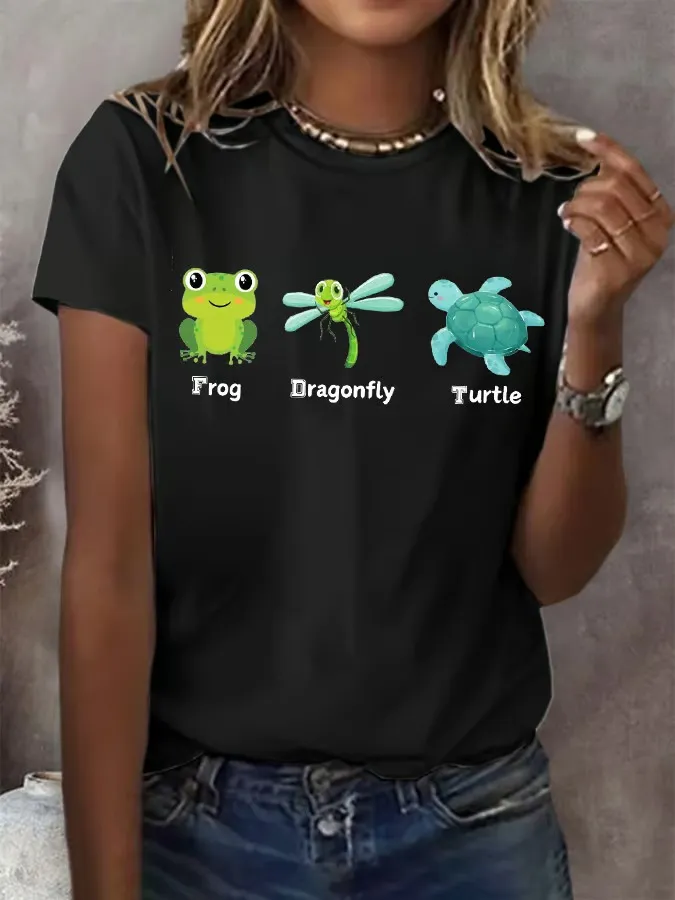 Women'S T-Shirt Women'S Frog Dragonfly Turtle Print Round Neck T-Shirt