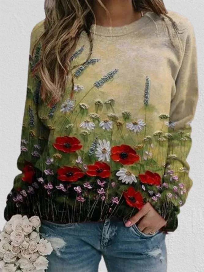 Crew Neck Floral Causal Sweatshirt