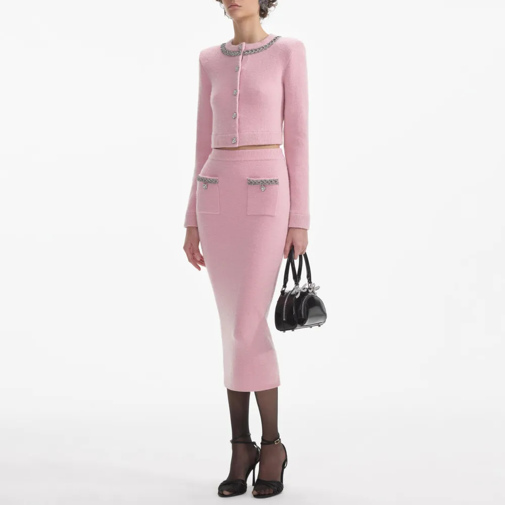 Pink Embellished Knit Midi Skirt