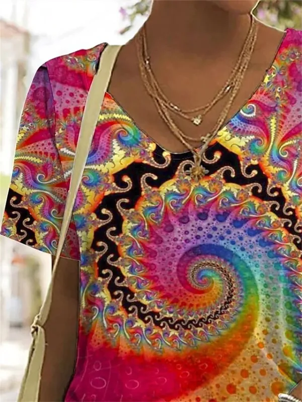 Women's T shirt Tee Yellow Red Blue Graphic Print Short Sleeve Daily Weekend Basic Neon & Bright V Neck Regular Fit Painting