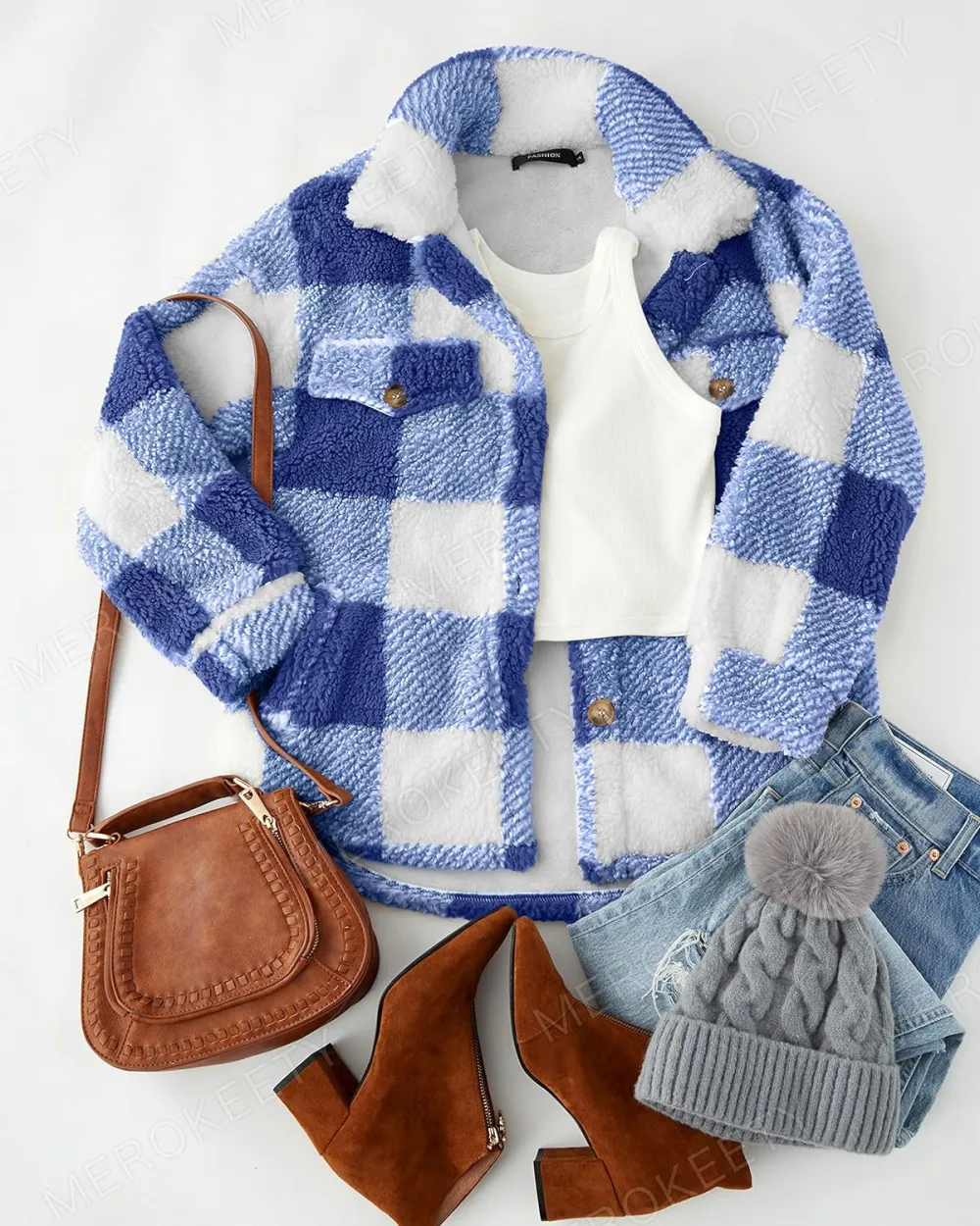 Women's Fleece Plaid Jacket Coats Button Down Lapel Sherpa Shacket Outwear with Pockets