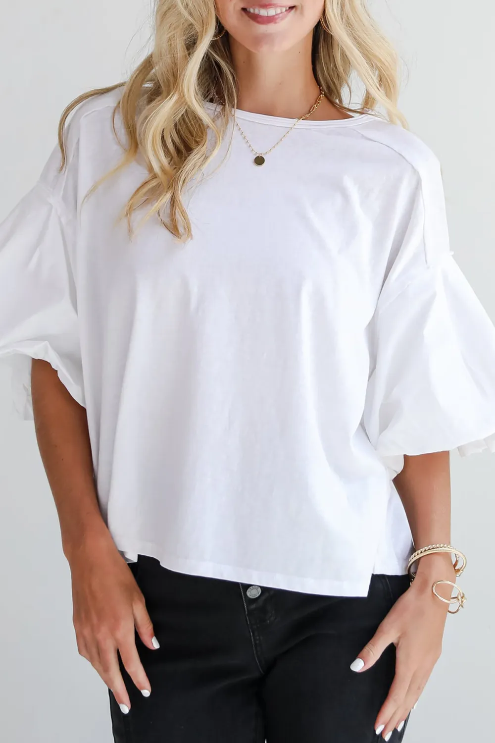 Poised Performance White Contrast Puff Sleeve Top