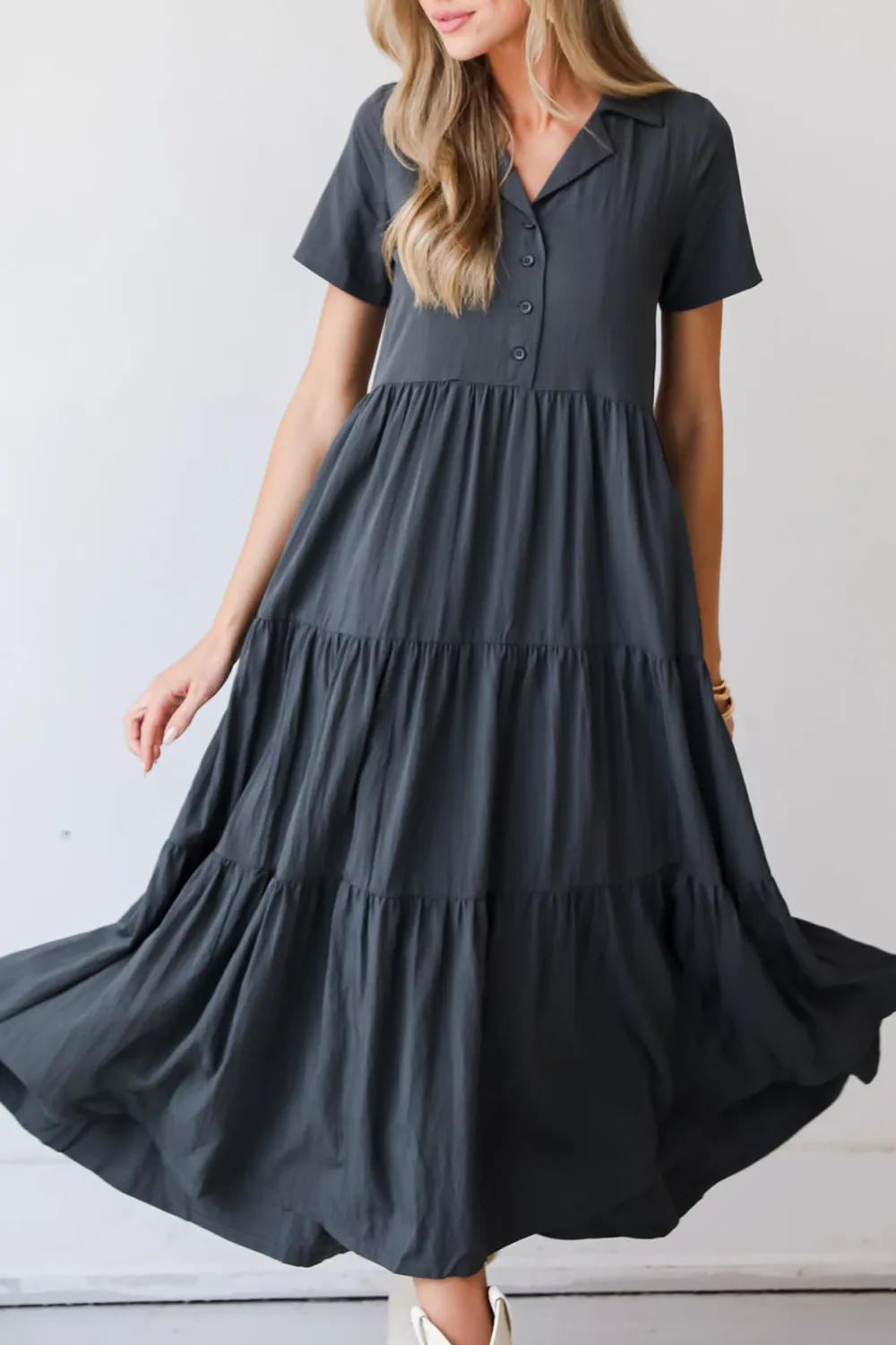 Stellar Sweetie Charcoal Tiered Maxi Dress