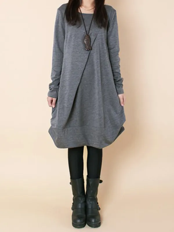 Original Loose Pleated 4 Colors Round-Neck Long Sleeves Short Dress