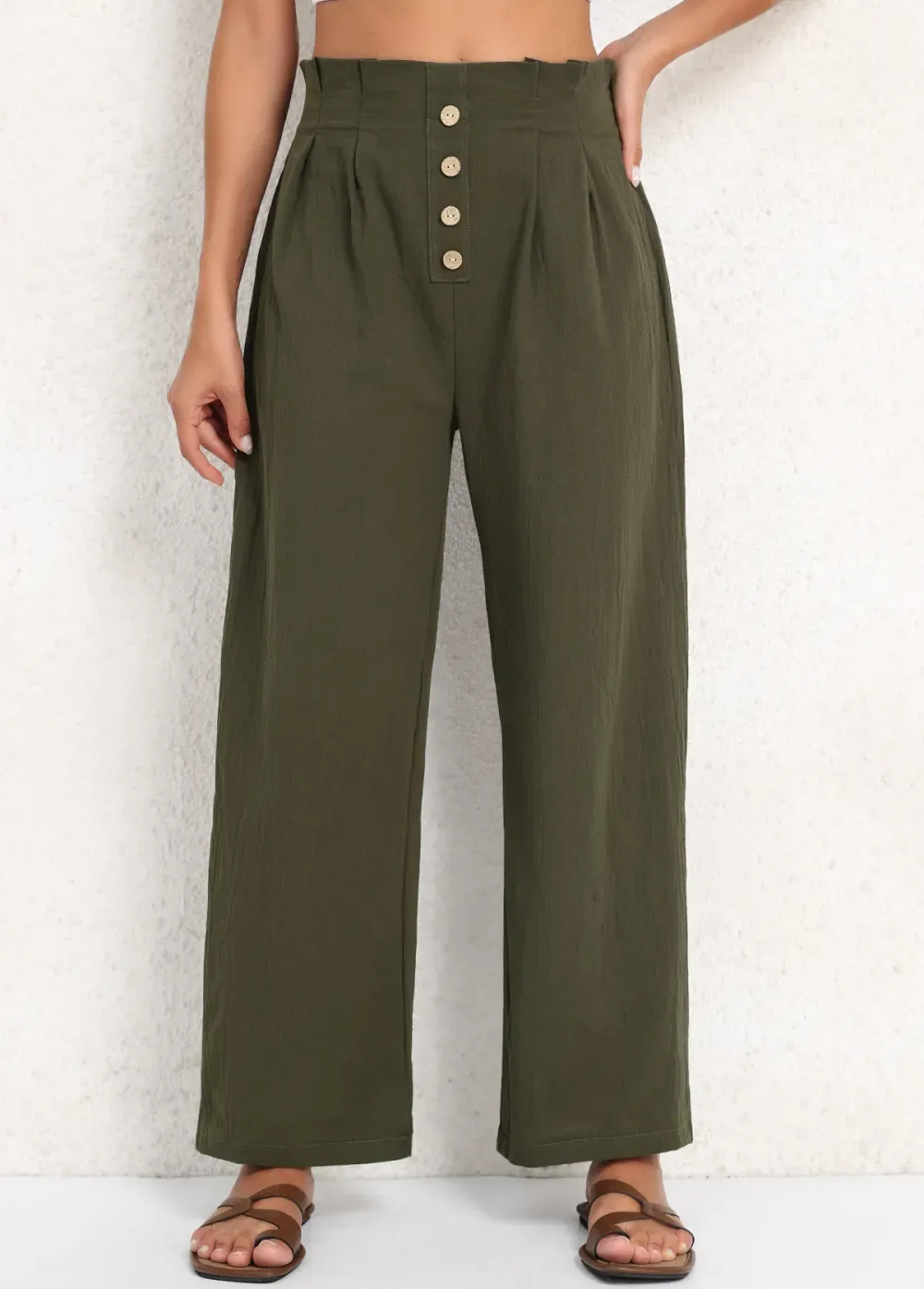 Olive Green Button Elastic Waist High Waisted Pants