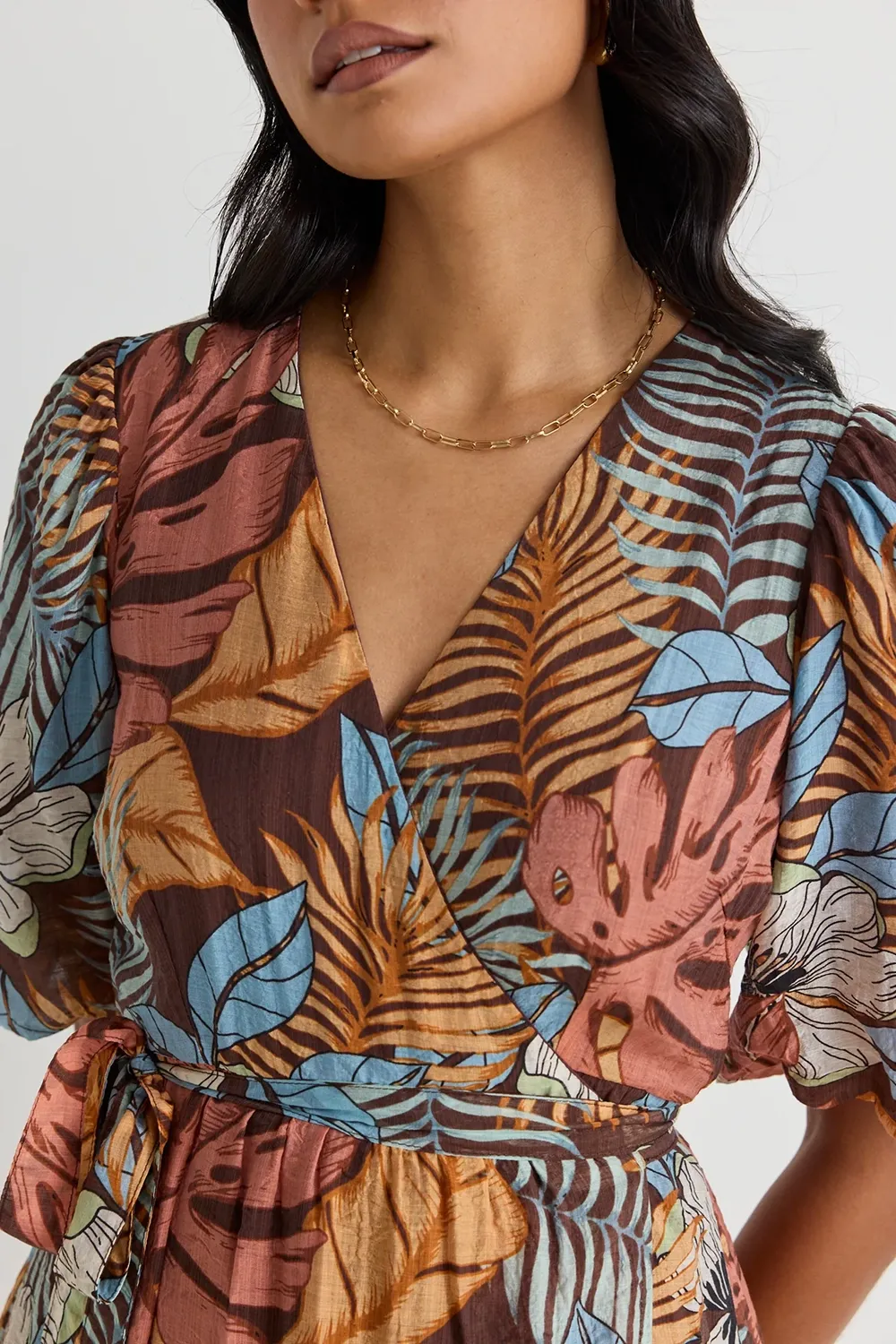 Ocean Tropical Print Wrap Midi Dress