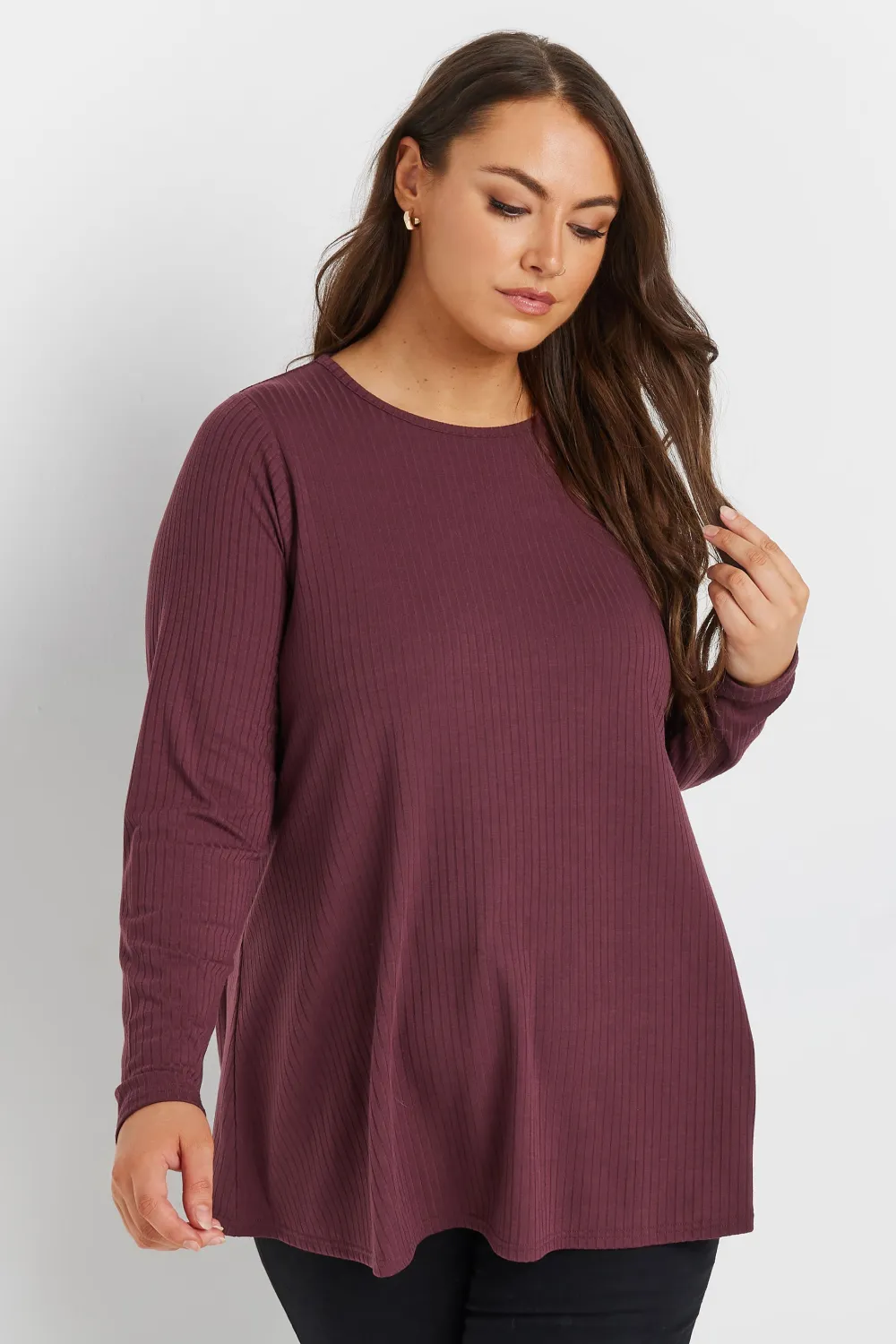 YOURS Curve Black Long Sleeve Ribbed Swing Top