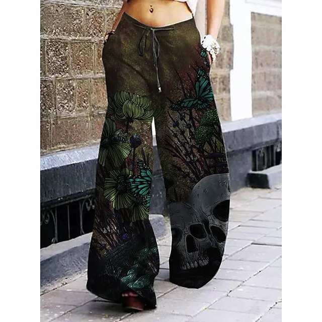Women's Wide Leg Chinos Pants Trousers Short Baggy Micro-elastic Mid Waist Streetwear Casual Office Halloween Black Green Gray Green M L Summer Spring &  Fall