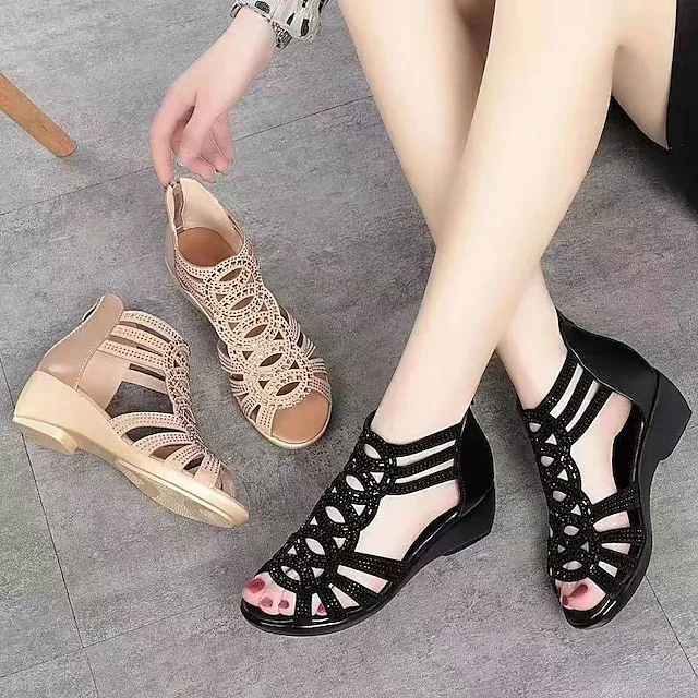 Women's Sandals Wedge Sandals Gladiator Sandals Roman Sandals Sparkly Sandals Outdoor Daily Beach Summer Wedge Heel Peep Toe Elegant Classic Casual Faux Leather Zipper Solid Color Black Champagne