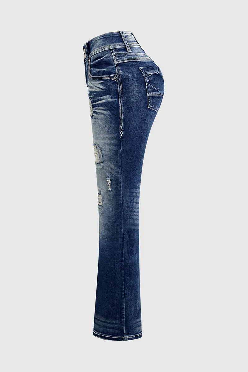 Ripped Contrast Stitch Mid Rise Bootcut Jeans