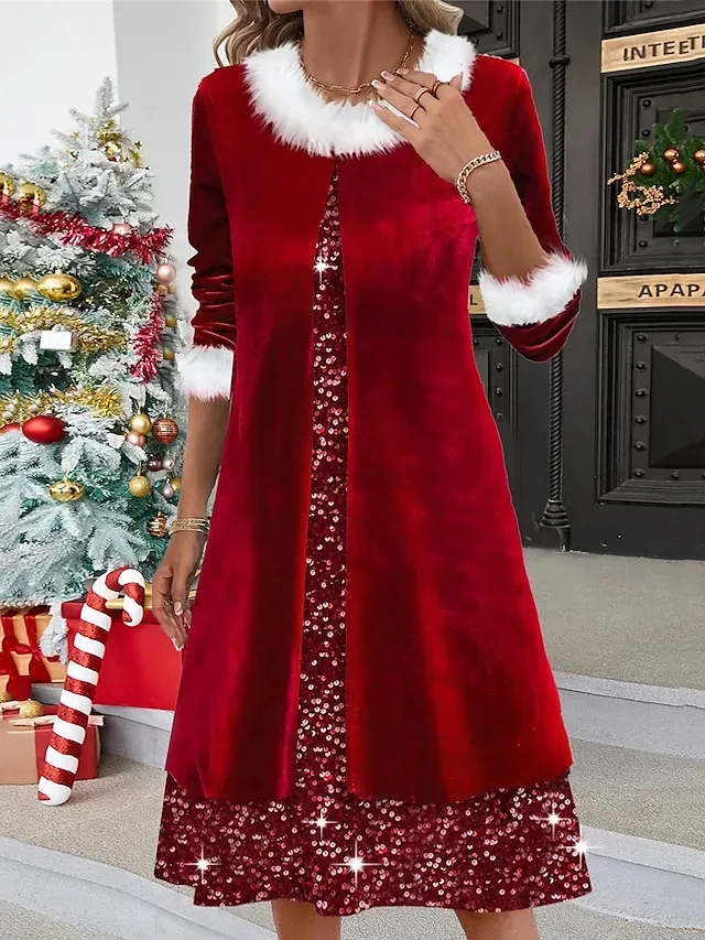 Women's Red Christmas Party Dress Velvet Dress Party Dress Sequin Dress Wine Long Sleeve Sequins Crew Neck Fashion Winter Dress