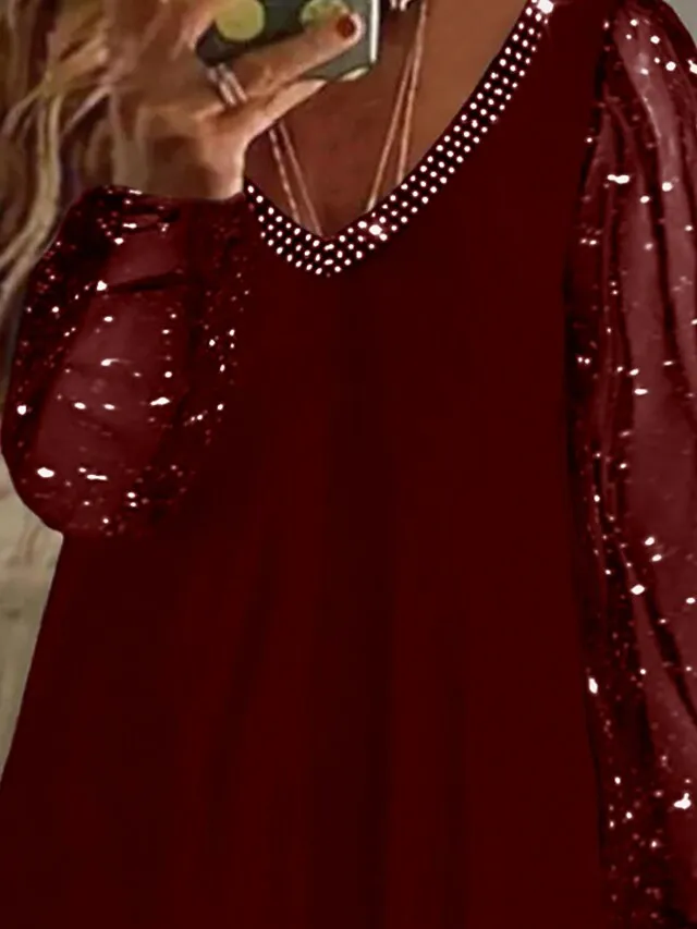 Women's Plus Size Going Out Tops Blouse Concert Tops Black Wine Dark Blue Plain Sparkly Mesh Rhinestone Long Sleeve Daily Date Vacation Vintage Fashion Elegant V Neck Regular Fit Spring Fall