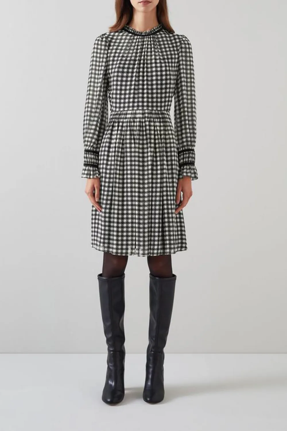 Black Cream Checkered Long Sleeve Midi Dress