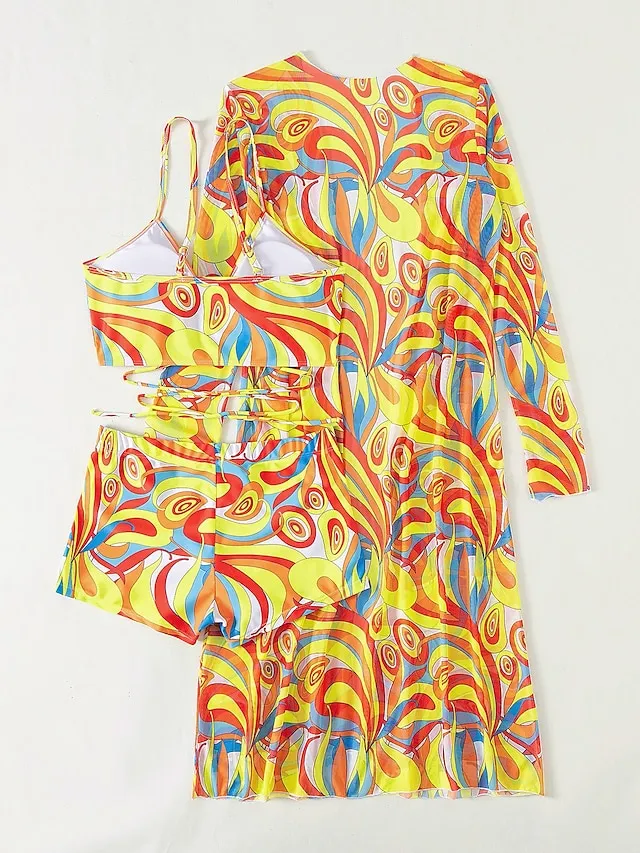 Women's Swimwear Bikini Normal Swimsuit 3-Piece Printing Graphic Black Yellow Blue Purple Orange Bathing Suits Sports Beach Wear Push Up