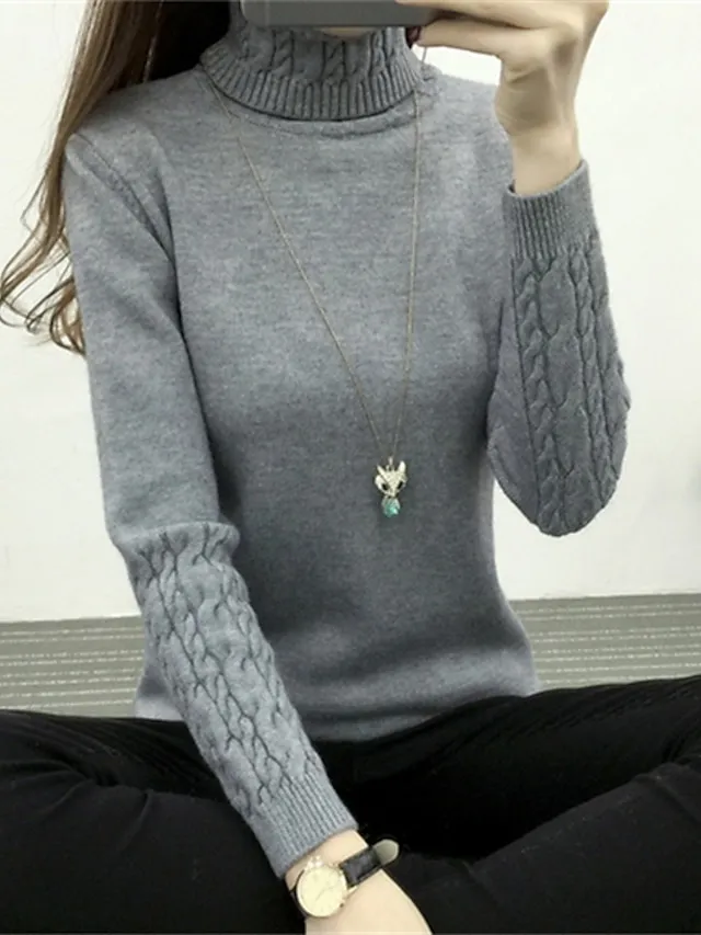 Women's Pullover Sweater Jumper Pullover Jumper Turtleneck Knit Polyester Knitted Thin Fall Winter Home Daily Going out Stylish Basic Sexy Long Sleeve Solid Color Black White Pink S M L