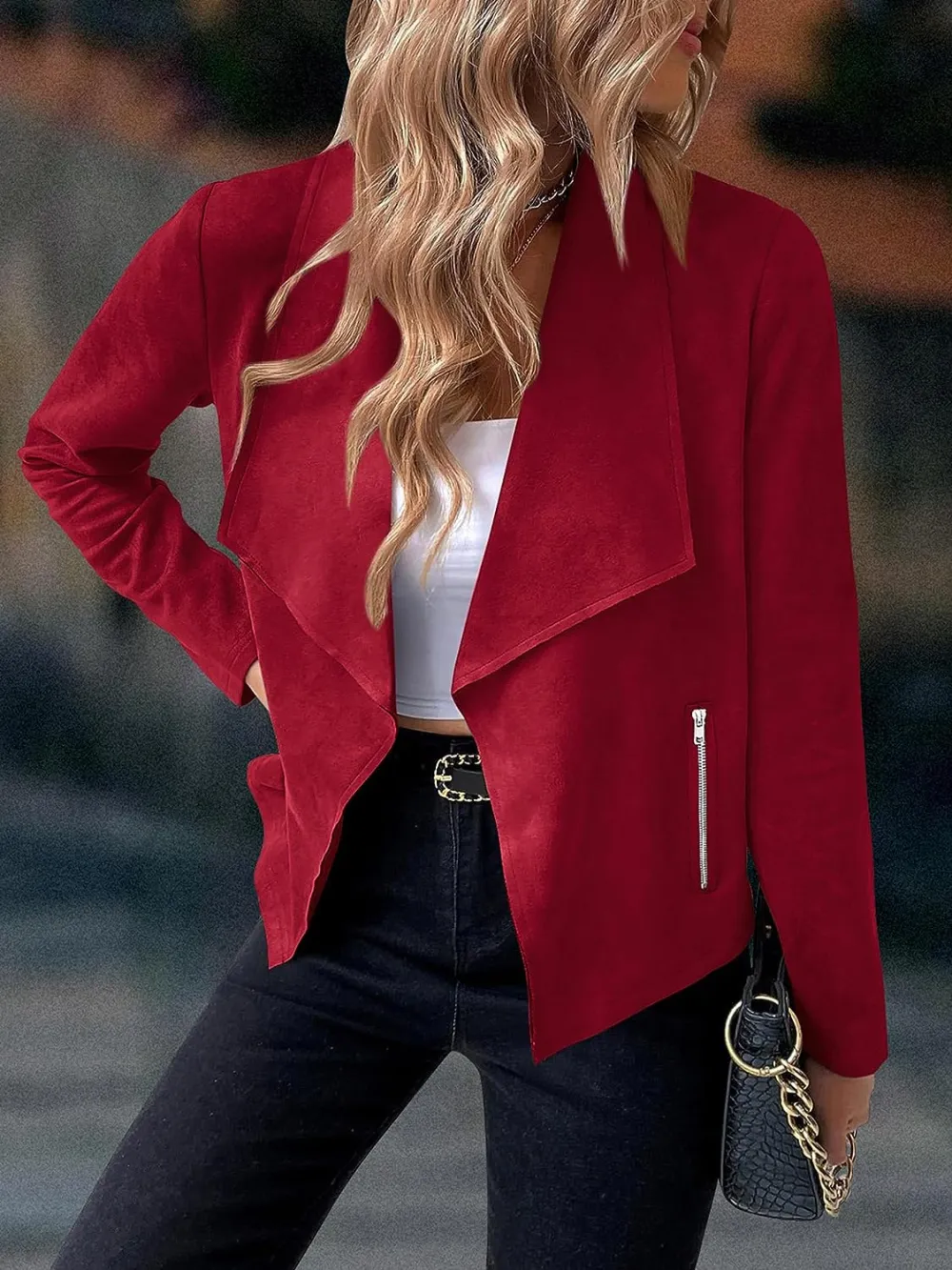 Women's Faux Suede Jackets 2023 Fall Clothes Long Sleeve Open Front Cropped Coat Outwear
