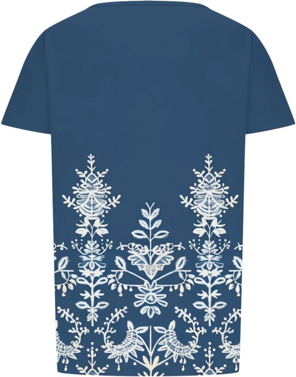 Womens Summer Pleated Front Shirts Tunics Casual Short Sleeved Loose Round Neck Boho Printed Tops Vacation Blouse