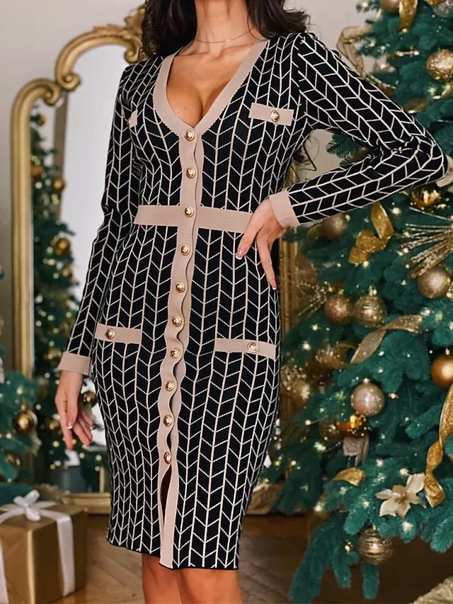 Women's Sweater Dress Jumper Dress Winter Dress Midi Dress Daily Casual Plaid Outdoor Home Casual Daily V Neck Long Sleeve Button 2023 Regular Fit Black khaki One Size