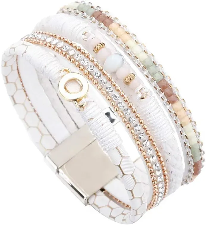 Fesciory Leather Wrap Bracelets for Women, Boho Leopard Multi-Layer Crystal Beads Cuff Bracelet Jewelry