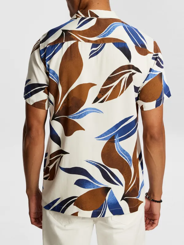 Brown And Blue Floral Print Short Sleeve Shirt
