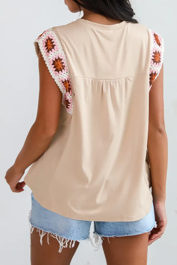 Adored Cutie Mocha Crochet Sleeve Top