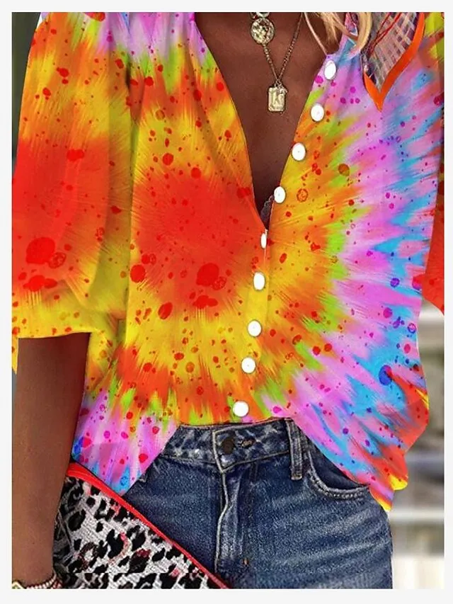 Women's Shirt Blouse Yellow Orange Graphic Button Print Long Sleeve Casual Daily Basic Neon & Bright V Neck Regular Fit Fall & Winter
