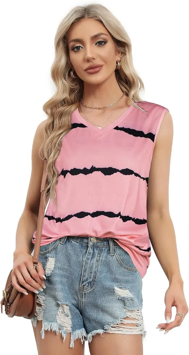 Summer Tops for Women Sleeveless V Neck Tshirt Loose Fit Casual Tank Tunic Blouse