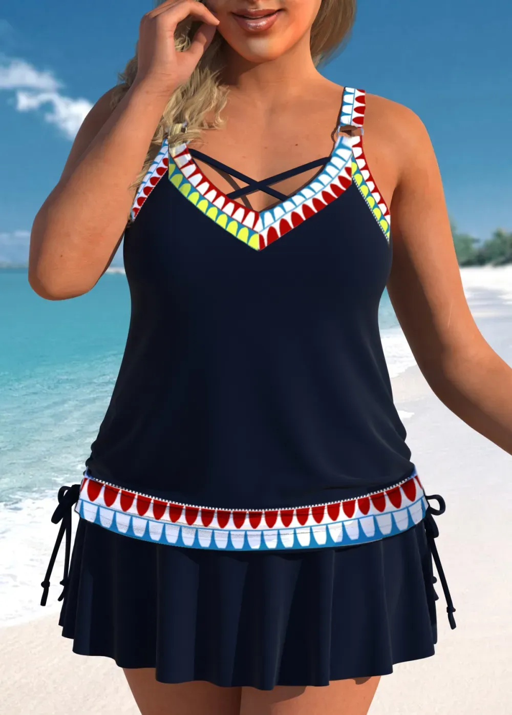 Circular Ring African Tribal Print Navy Tankini Top
