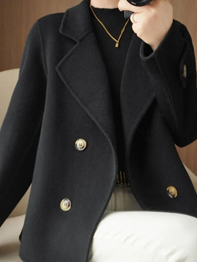 Women's Winter Blazer Coat Fall Double Breasted Lapel Jacket Wool Blend Short Coat with Pockets Warm Black White Camel