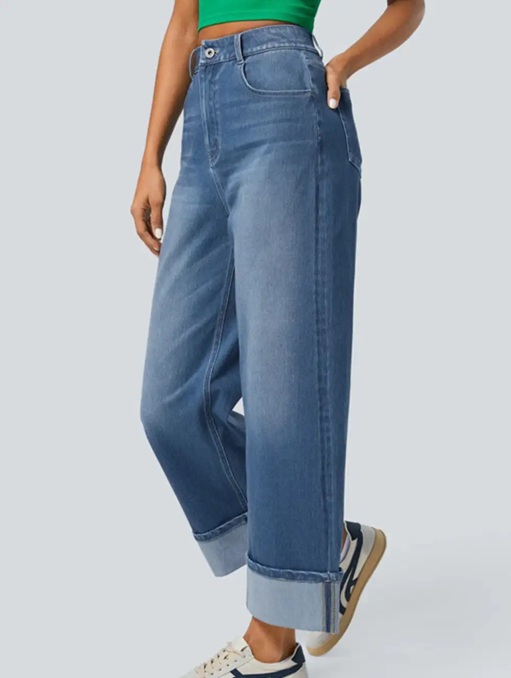 Casual Rolled-Up Wide-Leg Jeans