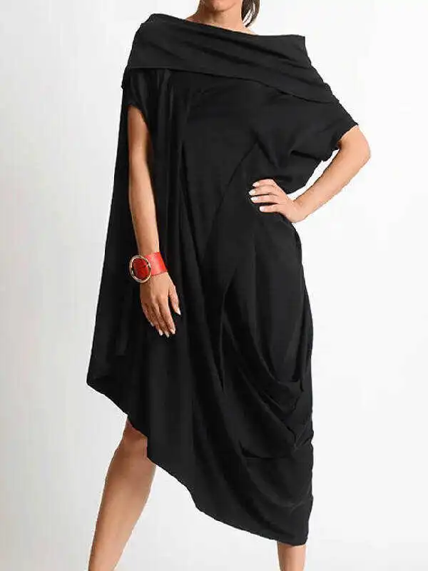 Loose Asymmetric Solid Color Midi Dresses